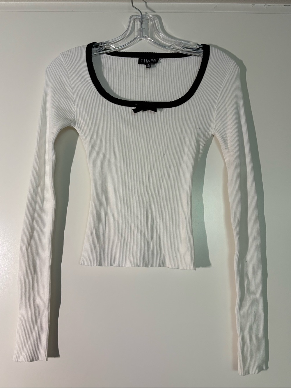 Timing White Coquette Ribbed Scoopneck sweater w/black piping and bow